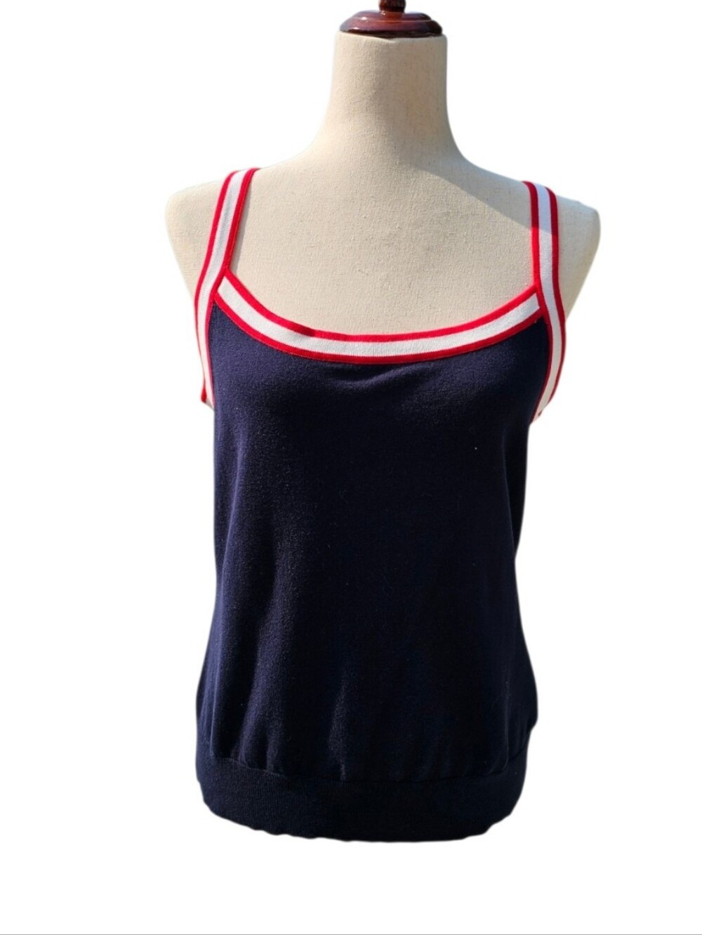 Chaps Navy Tank with Red and White Striped Trim Sweater Tank Top Medium
